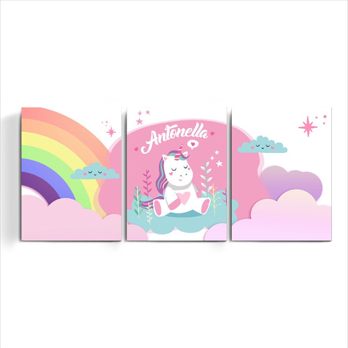 Cuadro Triptico Infantil Personalizado Con Nombre Unicornio