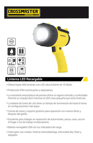Imagen 2 de 4 de Linterna Led Recargable 400 Lúmenes 10 W Crossmaster 9932742