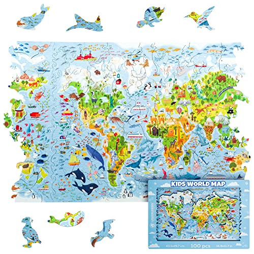 Unidragon Wooden Jigsaw Puzzles - Kids World Map, 100 Pcs, 1