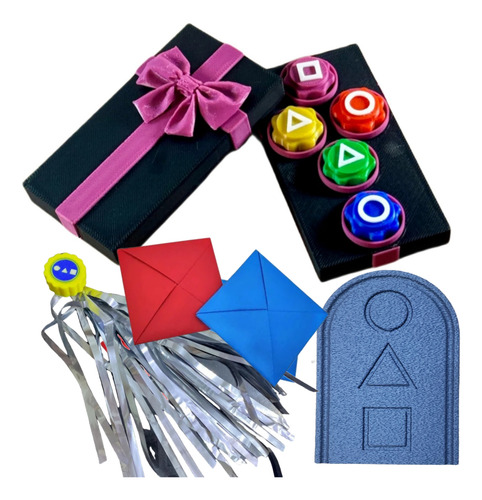 Kit Pentatlón Squid Game 2 Gonggi + Ddakji + Piedra + Jeji Estuche Rosado