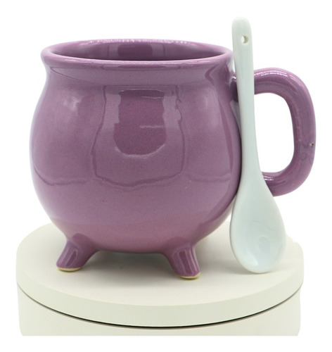 Caldero De Cerámica Color Lila Con Cuchara - Taza Para Café