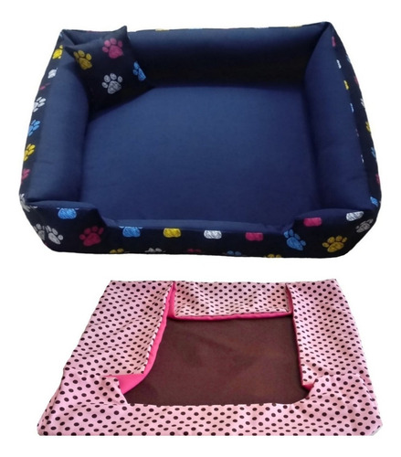 Cama Pet G Cachorro Grande Cama Com Capa Extra 70x70 Cor Cama Azul Marinho + Capa Rosa