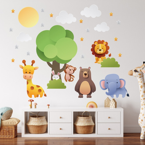 Imagem 3 de 4 de Adesivo De Parede Árvore Animais Zoo Infantil 140x210cm