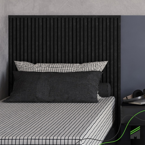 Painel Ripado Cabeceira Quarto Cama Solteiro - Urban Black Cor Preto