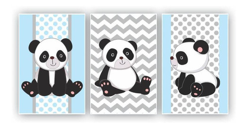 Kit Placas Quadros 3 Pçs 20x30 Infantil Panda Azul