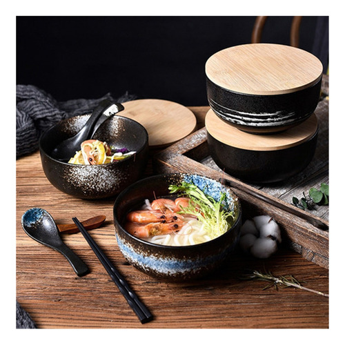 Ramen Bowl 1500ml Con Tapa Y Cuchara Platos Sopa Para