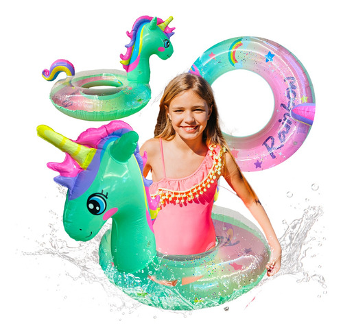 Salvavidas Unicornio Glitter Arcoiris Inflable Verd Flotador