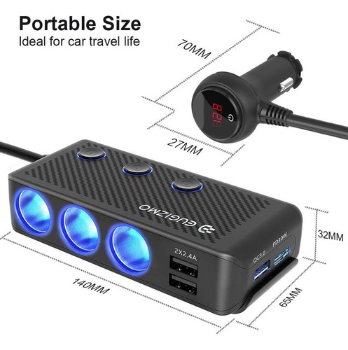 Divisor De Isqueiro De Carro Eugizmo 200w Com 3 Soquetes Com