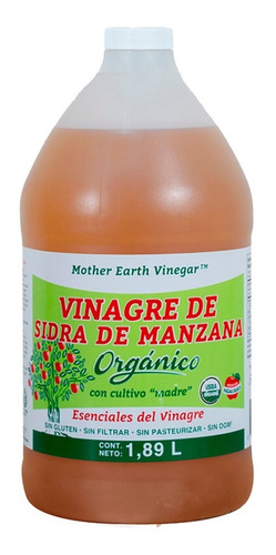 Vinagre De Sidra De Manzana Orgánico Con Cultivo Madre Mother Earth Vinegar 1.89 L Sin Filtrar Sin Gluten Sin Pasteurizas