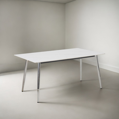 Juego Comedor Bulnes Cromo Neolith 140 + 4 Sillas Veneta Blanco Cuero Sintetico