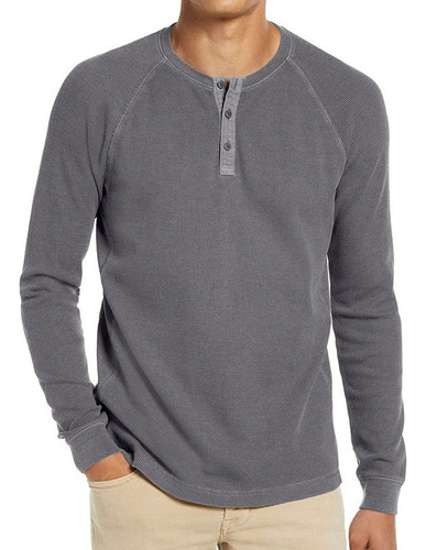 Playeras Hombre Camisa Henley De Manga Larga Casual Cuello V