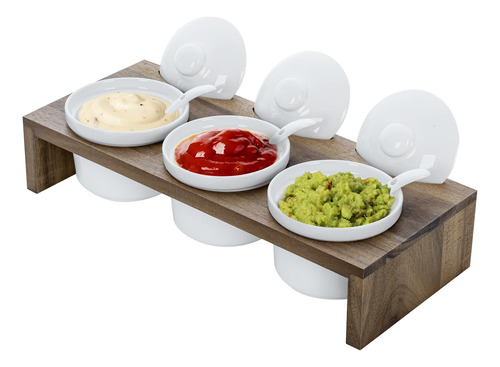 Mygift- Juego De 3 Salseros Ramekines Incluyen Una Charola Madera De Acacia Y Cerámica Blanca