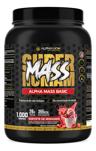 Hipercalórico Mass Basic Milk Shake Morango 1kg Alpha Lion