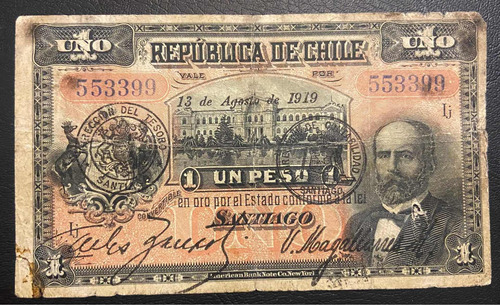 Billete Chile. Un Peso. Año 13 De Agosto De 1919