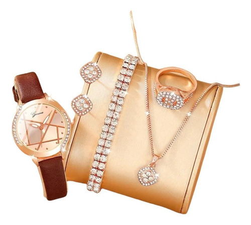 Kit Reloj Para Mujer Café + Juego De Collar Aretes Pulsera