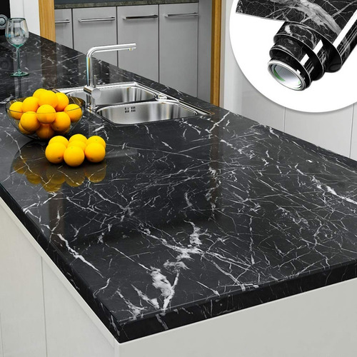 Imagen 2 de 6 de Vinilo Para Mesada - Marmol Negro 60 X 300 Cm