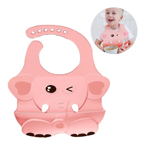 Babero En Silicona Para Bebé Con Contenedor De Migajas Color Rosa Elefante