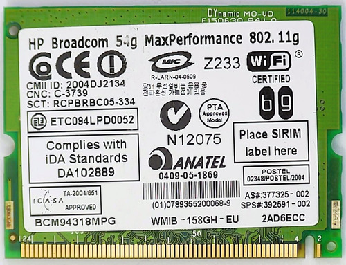 Tarjeta Broadcom Bcm94318mpg Wireless 802.11b/g Mini Pci 