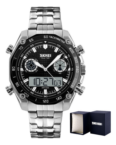 Reloj Deportivo Skmei Luminous Calendar Alarm Fondo Plata Negro