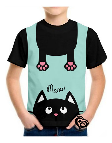 Camiseta De Gato Masculina Infantil Blusa Animal Preto