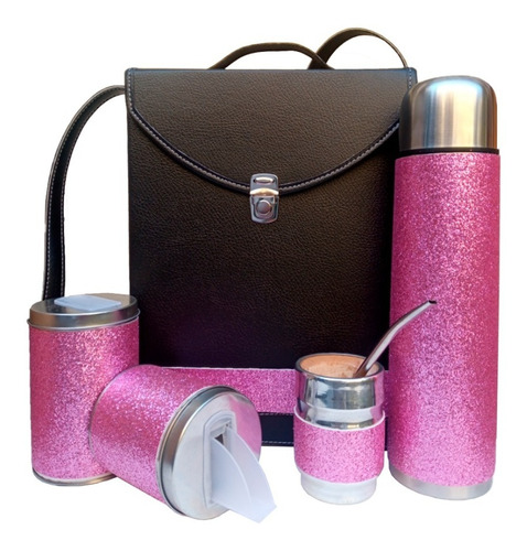 Set Matero Cartera Completo Rosa Doble Manija Termo De 1 Litro De Acero Inoxidable Yerbera Azucarera Mata Bombilla Mujer