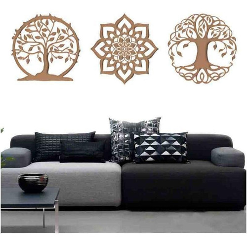 Kit 3 Mandalas Decorativas Mdf 40x40 Vazado Marrom Modelo 1