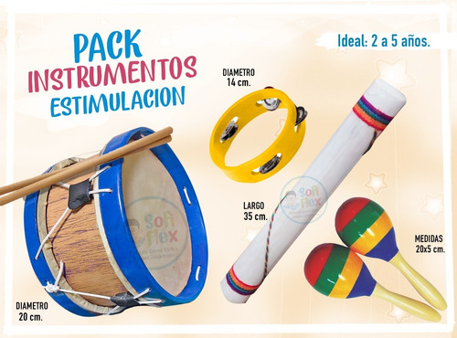 Pack Instrumentos Musicales De Niños Tambor Maracas Cajon