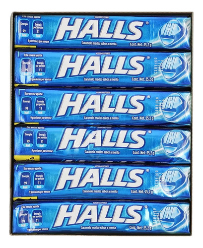 Halls Azul Menta Mentho Lyptus Frescura Caramelo Caja 12pz