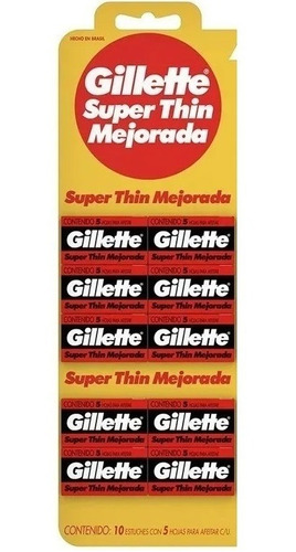 Gillette Roja Super Thin Mejorada Hojas Afeitar X 50 Unidade