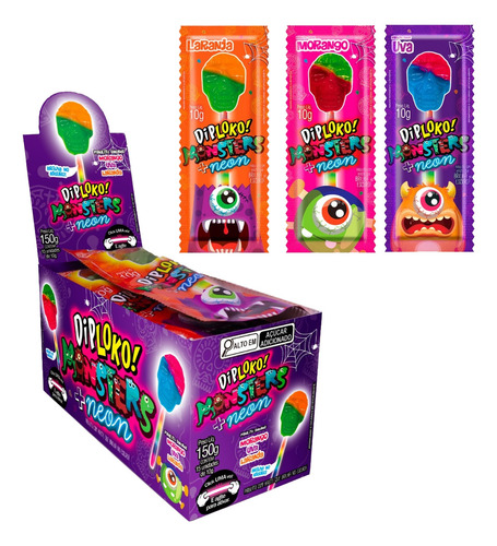 Pirulito Dip Loko Neon Monster Brilha No Escuro 15un Diploko