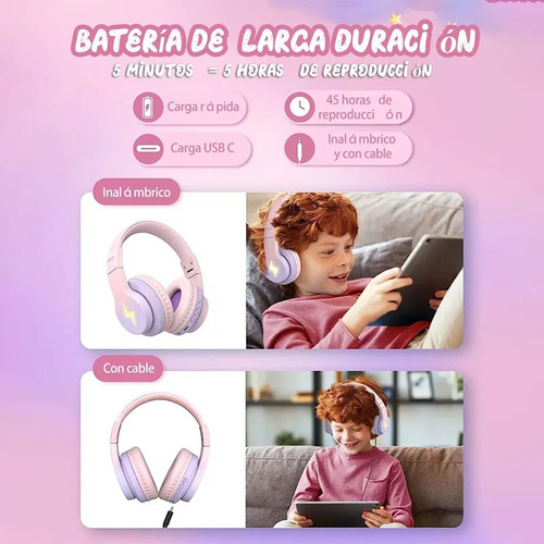 Violeta Con Luz Led Auriculares Gamer Inalámbricos Emuael Wgyp-104 Violeta Para Niños 45h