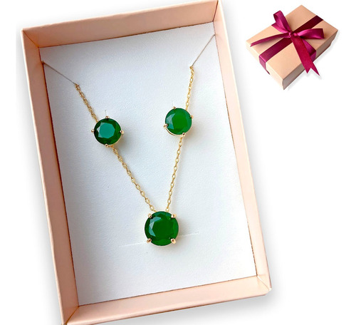 Conjunto Gargantilha Brinco Pedra Verde Esmeralda Prateado