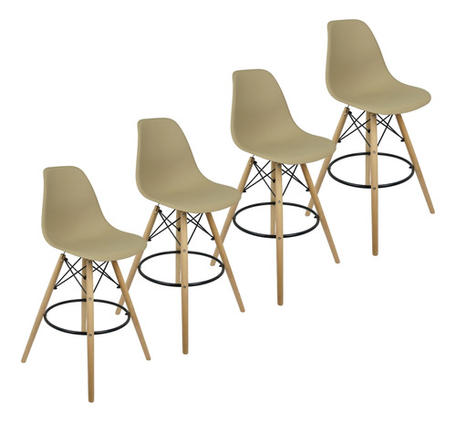 Kit 4 Banquetas Charles Eames Eiffel Wood Design Base Fixa Cor Bege