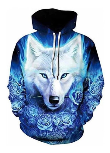 Sudadera Moderna Con Diseño 3d De Lobo Blanco Y Rosas Azules