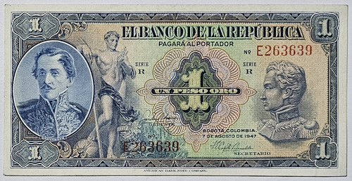 Billete 1 Peso 07/ago/1947 Prefijo E 6 Dig. Colombia Vf-xf