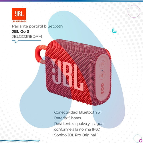 Imagen 2 de 10 de Parlante Jbl Go 3 Jblgo3redam Rojo
