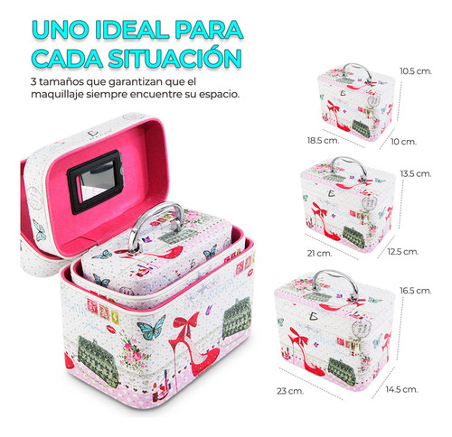 Cosmetiquera Neceser Maquillaje Estampado Kit De 3 Color Blanco