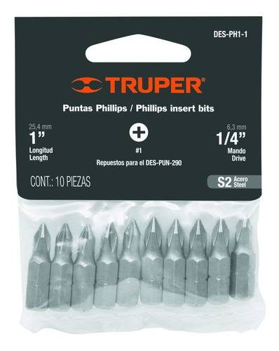 Set 10 Puntas Phillips P/atornilladora Ph0 25mm Truper 17819