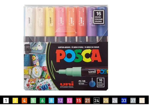 Uni Pc- 1m Posca Markers Marcadores Plumones 16 Colors