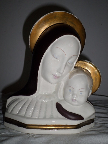 Antigua Virgen Con Niño Porcelana Mavetro Detalles En Oro 