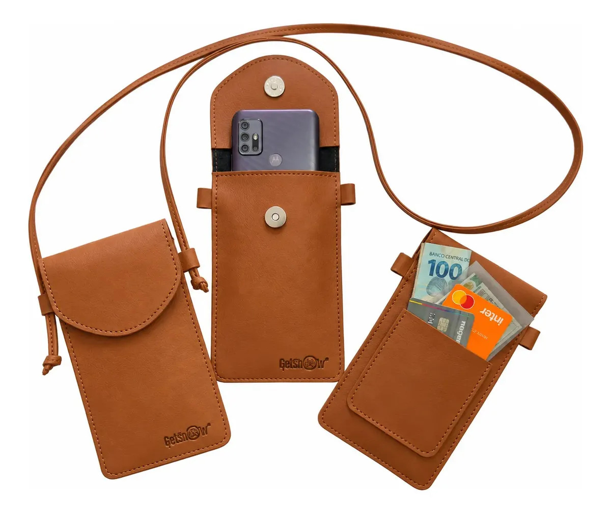 Bolsa Mini Transversal Pequena Porta Celular Em Couro Ecológ Caramelo Lisa Botão Magnetico Prata