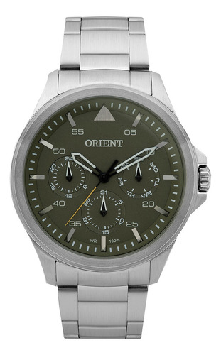 Relógio Orient Masculino Multifunção Verde Aço Mbssm049 Correia Prateado Bisel Prateado Fundo Verde-musgo