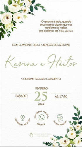 Convite Casamento Digital Interativo Flores Brancas 106b