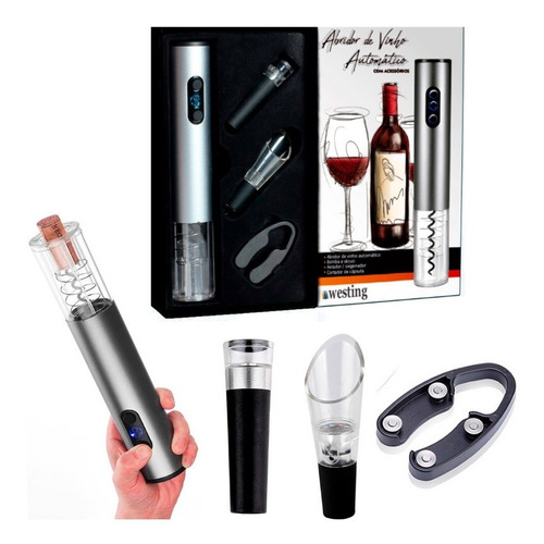 Kit Abridor Vinho Saca Rolha Automático 4 Peças Elétrico 