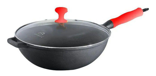 Panela Wok Ferro Fundido Tampa Vidro Cabo Silicone Vermelha