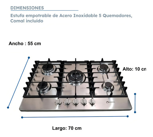 Parrilla Estufa Con Comal 5 Quemadores Acero Inox Shorbull Plateado