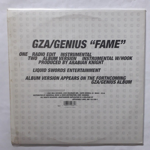 Lp Wu-tang Clan / G.z.a / Genius ,fame (Usado)