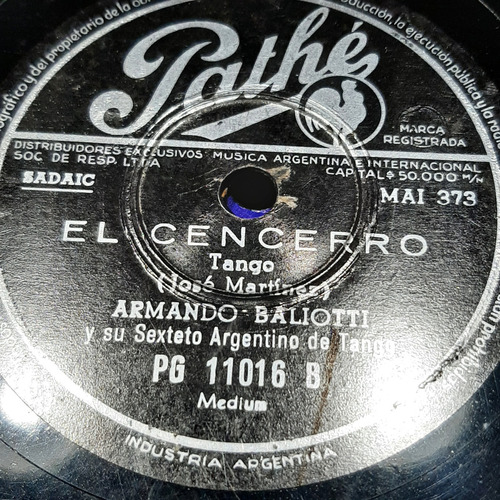 Pasta Armando Baliotti Sexteto Tango O Chazarreta Pathe C525