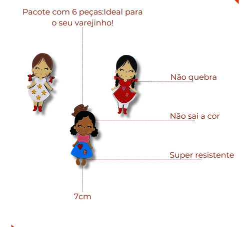 Aplique Meninas Caipiras De 7cm Em Acrilico Com 6 Unidades