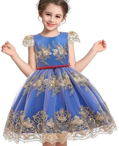 Vestido De Princesa Elegante Para Niña Azul Dorado Fiesta